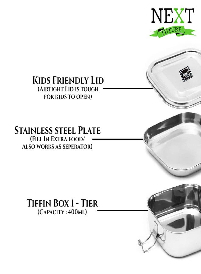 Next Future Stainless Steel Square Lunch Box/Food Pack, High Polish One Tier Tiffin Box for School and Office use with Steel Seperator Plate & Locking Clip - Small Size 11.5x11.5x5.5cm, 400ml - Image 3